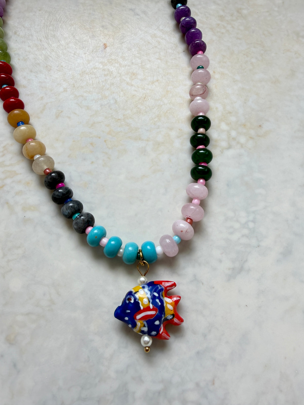 Opaline Red and Blue Fish Necklace