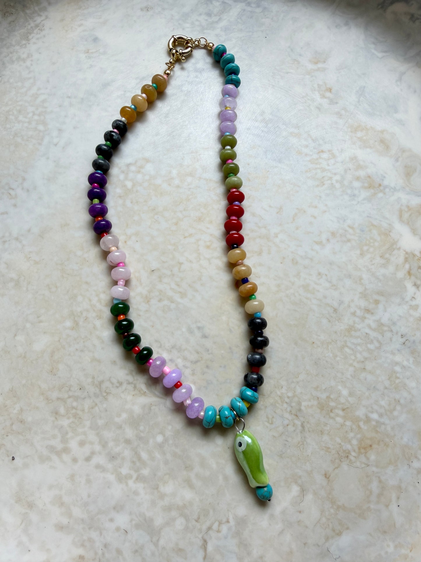 Opaline Green Fish Charm Necklace