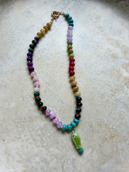 Opaline Green Fish Charm Necklace