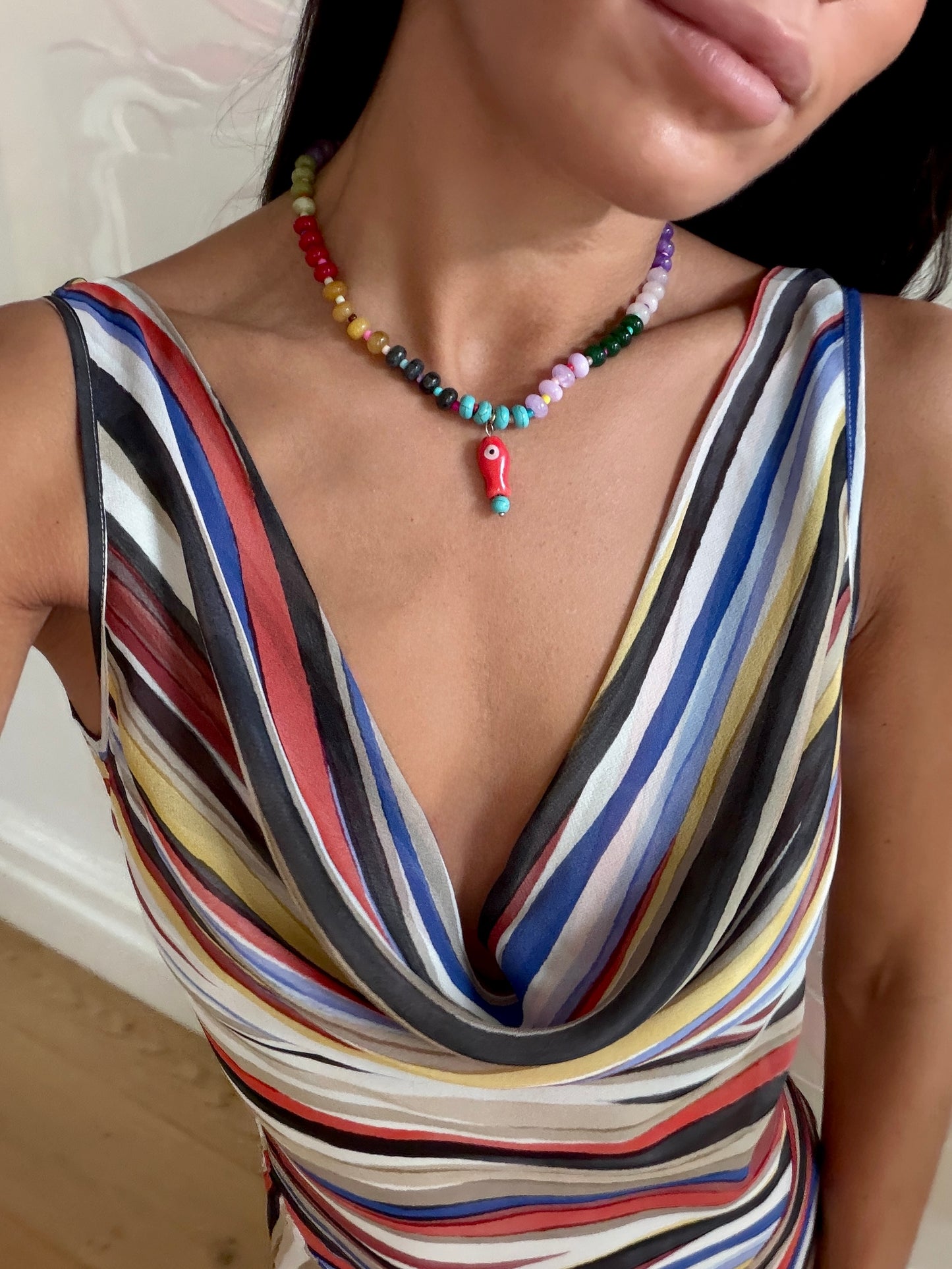 Opaline Red Fish Charm Necklace