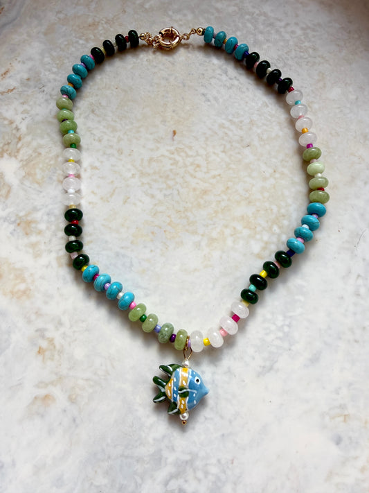 Opaline Green Fish Charm Necklace