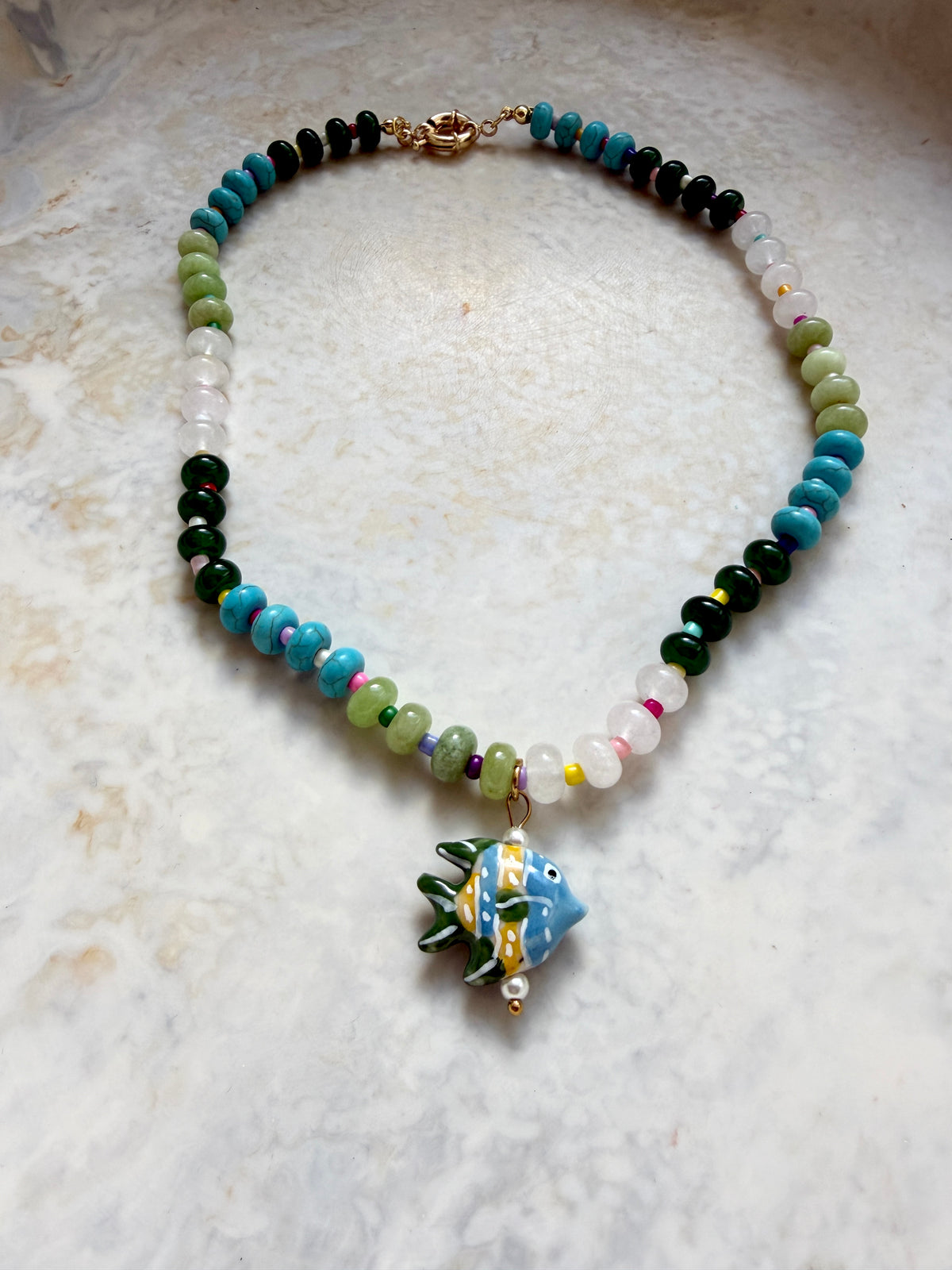 Opaline Green Fish Charm Necklace