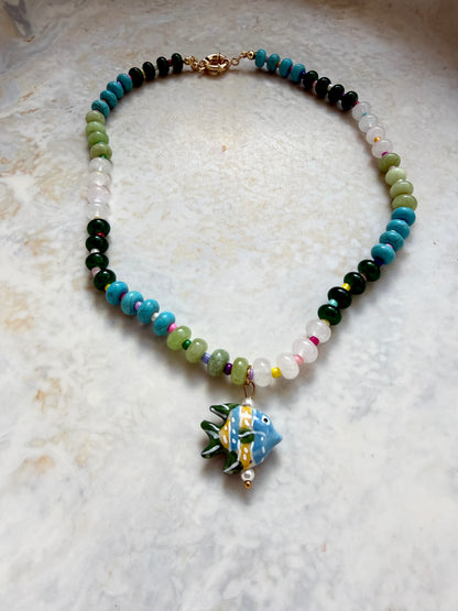 Opaline Green Fish Charm Necklace