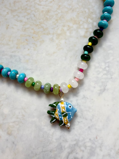 Opaline Green Fish Charm Necklace