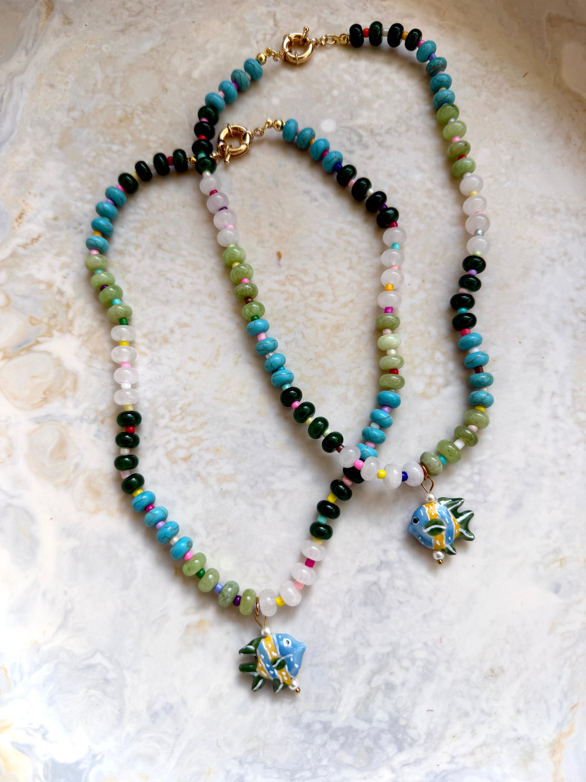 Opaline Green Fish Charm Necklace