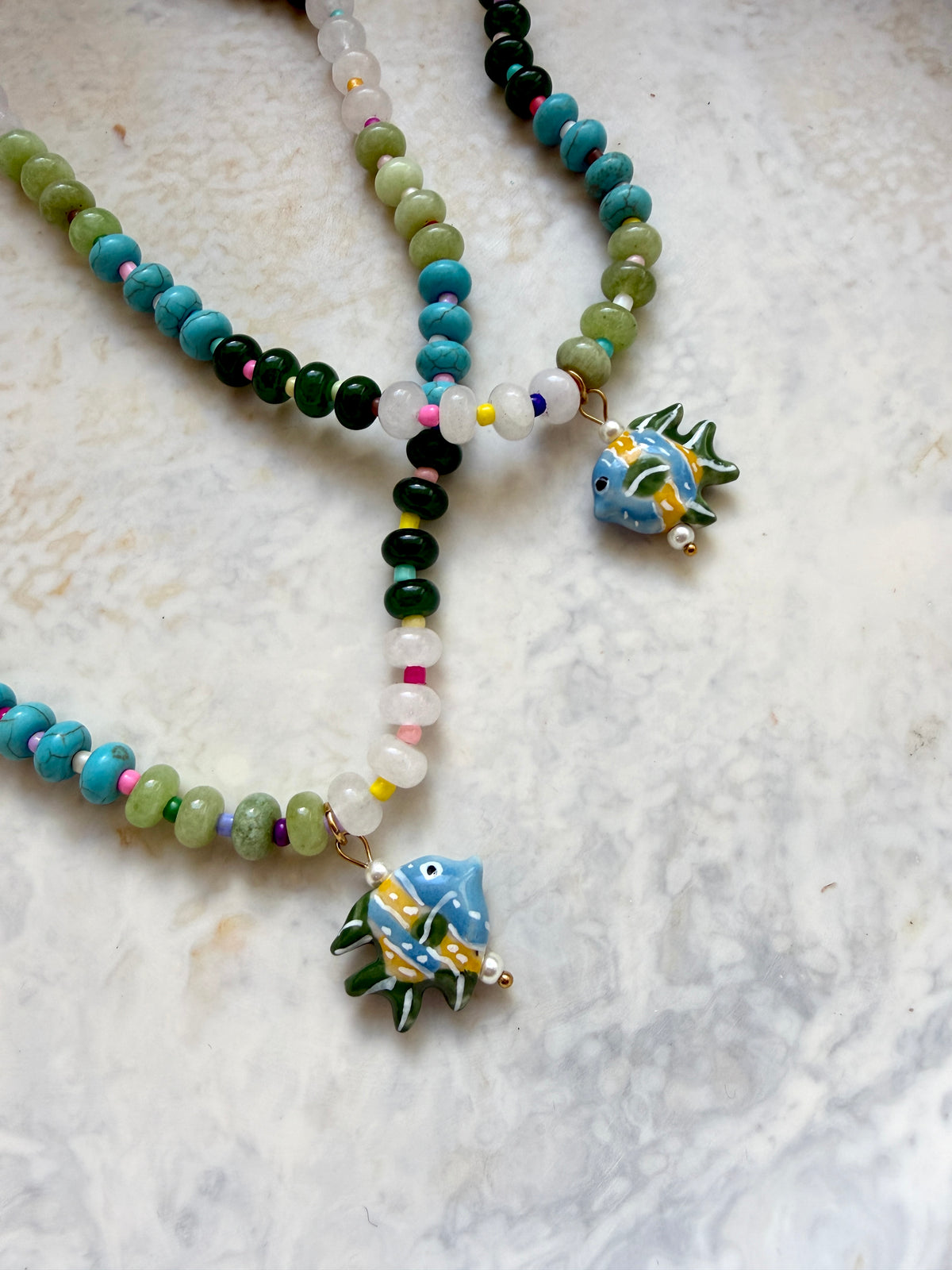 Opaline Green Fish Charm Necklace