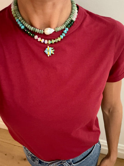 Opaline Green Fish Charm Necklace