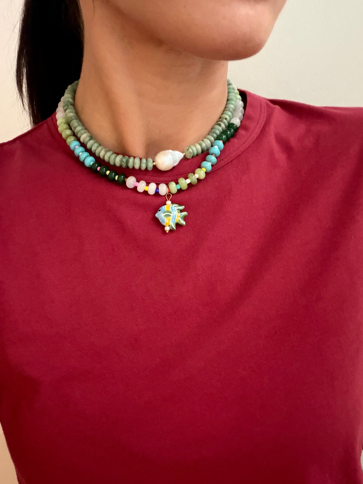 Opaline Green Fish Charm Necklace