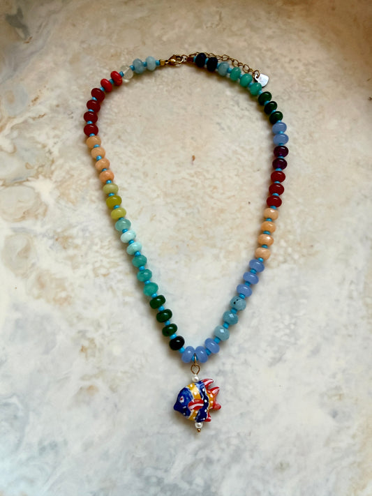 Opaline Blue Fish Charm Necklace