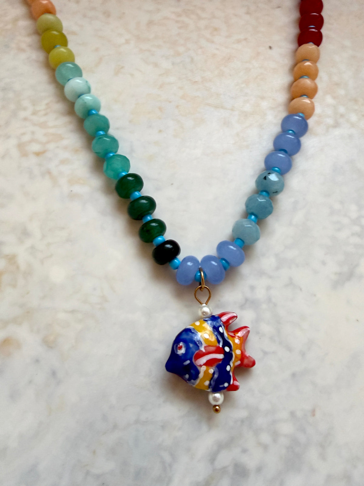 Opaline Blue Fish Charm Necklace