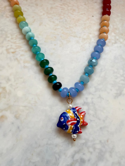 Opaline Blue Fish Charm Necklace