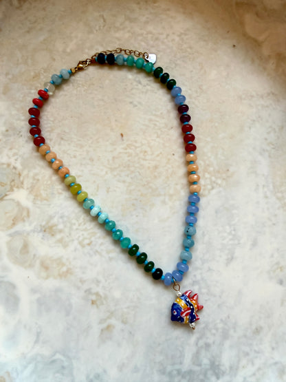 Opaline Blue Fish Charm Necklace