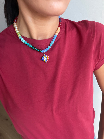Opaline Blue Fish Charm Necklace