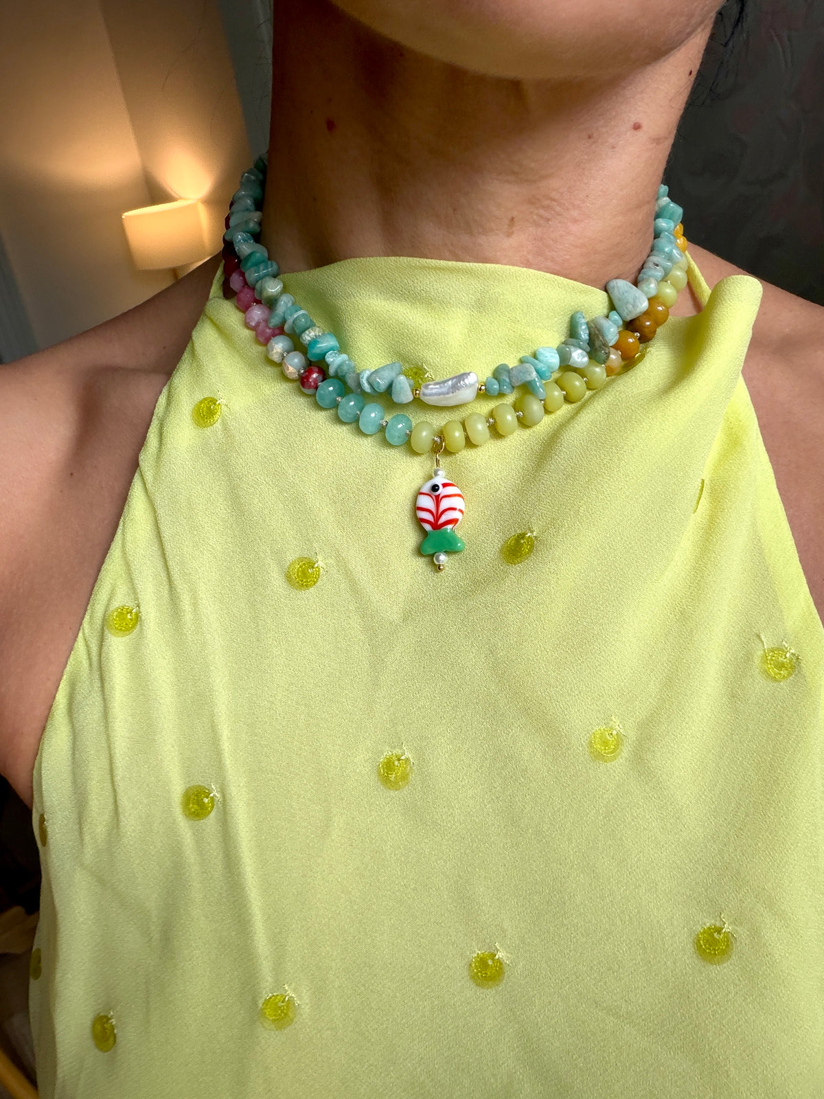 Opaline Striped Glass Fish Necklace