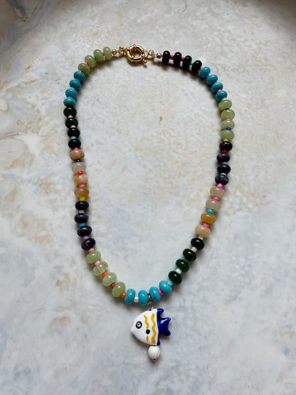 Opaline Yellow Striped Fish Necklace