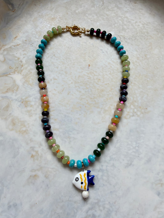 Opaline Yellow Striped Fish Necklace