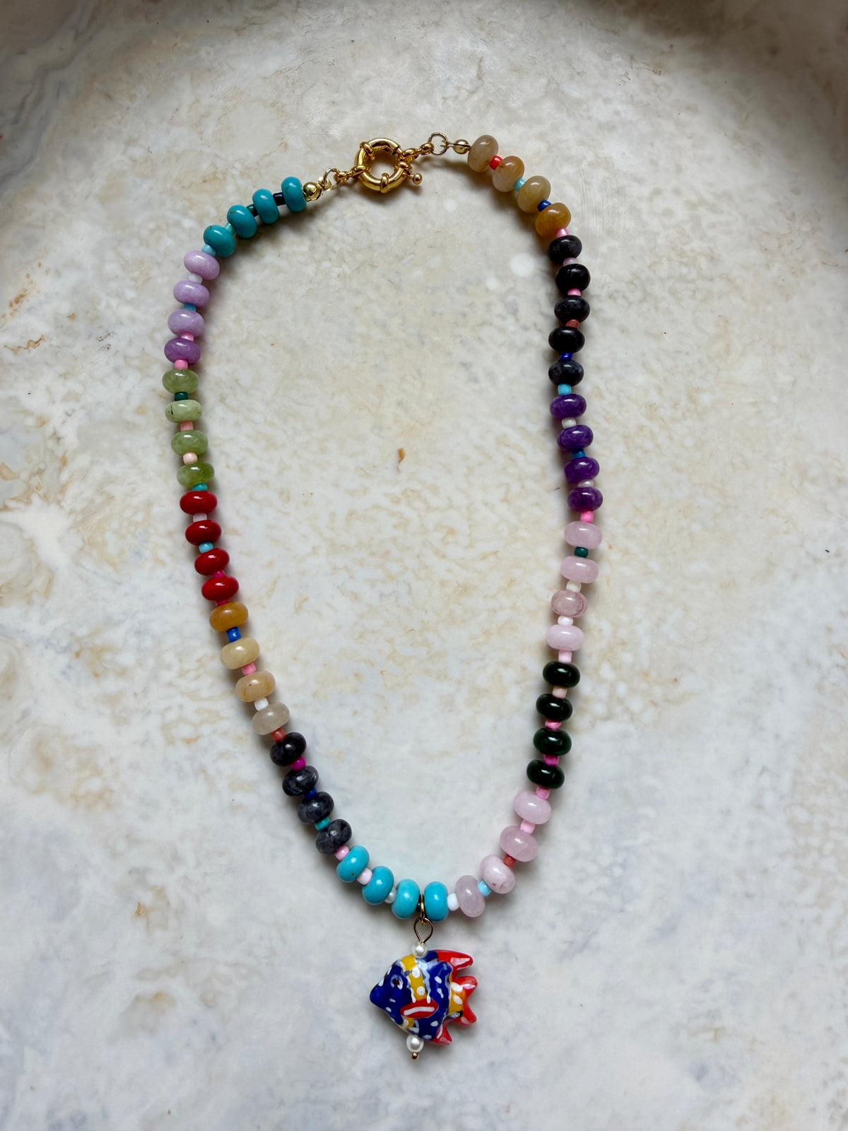 Opaline Red and Blue Fish Necklace