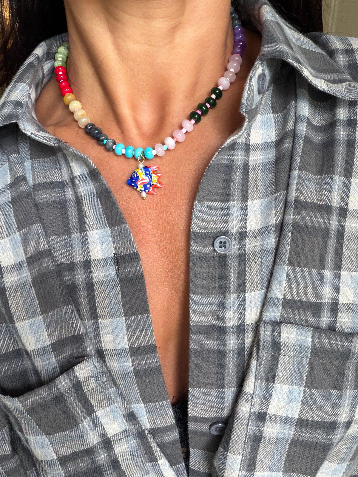 Opaline Red and Blue Fish Necklace