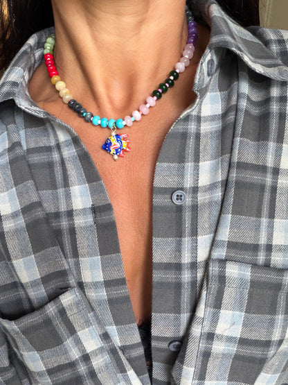 Opaline Red and Blue Fish Necklace