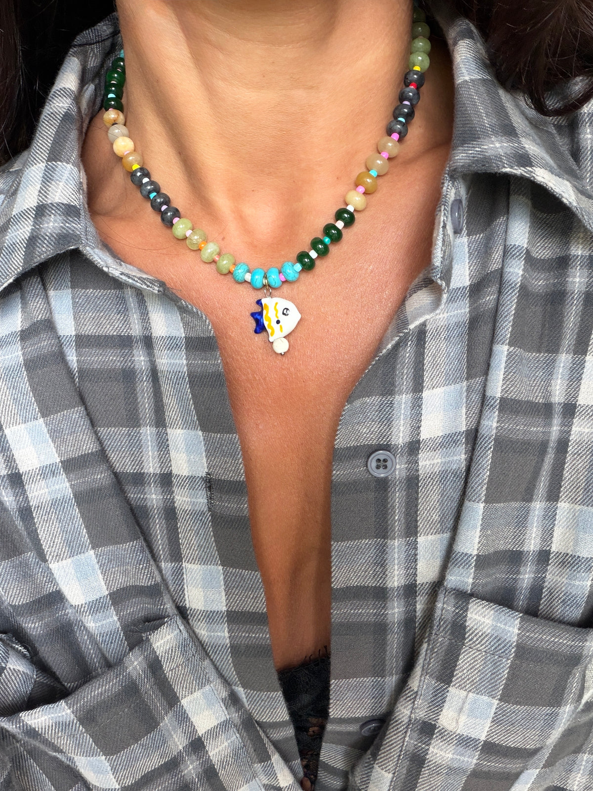 Opaline Yellow Striped Fish Necklace